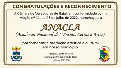 Moção de honra da Câmara de Vereadores de Itajaí à ANACLA